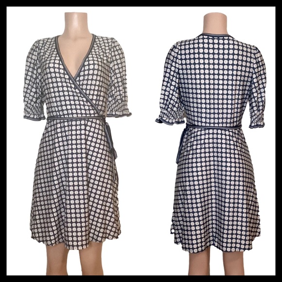 MAX STUDIO Smocked Sleeve Wrap Dress Color: Navy Blue Deco Poppy - Picture 4 of 7